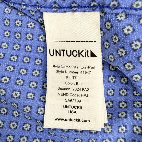 Untuckit Stanton Performance Shirt Men XL Tall Blue Printed Long Sleeves Stretch - Picture 10 of 15